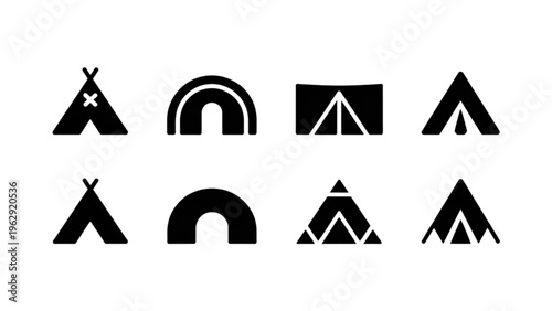 Various camping symbols and icons representing tents, arches, and mountain peaks in minimalist black and white design Vector