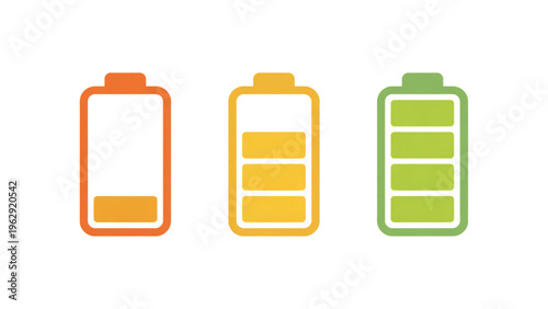 Three battery icons depicting different levels of charge from low to fully charged state visually Vector