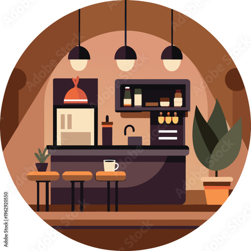 Circular cafe interior with bar, coffee cup and bottles on shelves