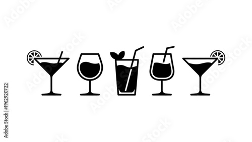 Five stylish drink icons featuring martini, wine, cocktail, juice, and mixed beverages with garnishes Vector