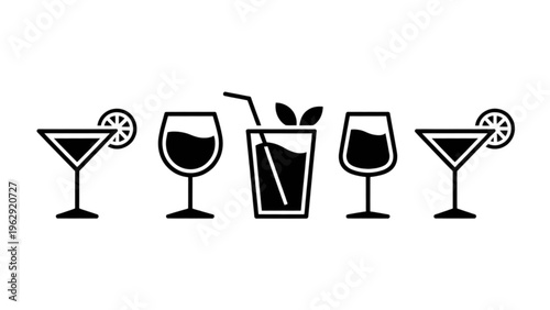 Five stylish drink icons featuring martini, wine glass, cocktail with straw, and wine glass variations shown simply Vector