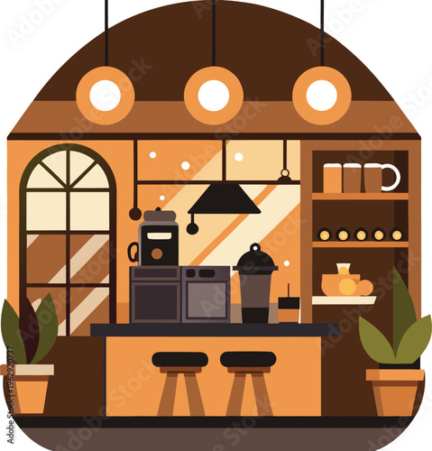 Coffee bar interior with coffee machine and mugs on shelves