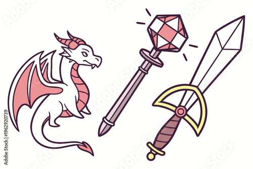 A pink and white dragon next to a sword and dagger