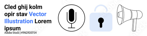 Digital communication, online security, media promotion, information sharing, sound recording, data protection. Microphone, lock and megaphone icons. Digital communication and online security