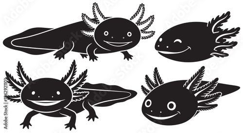 Adorable black axolotl vector graphic design with different happy expressions