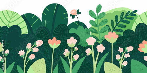 Stylized tropical foliage and delicate floral arrangements in green hues