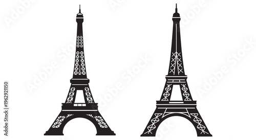 Two distinct black vector graphic Eiffel Tower illustrations representing Parisian travel and culture.