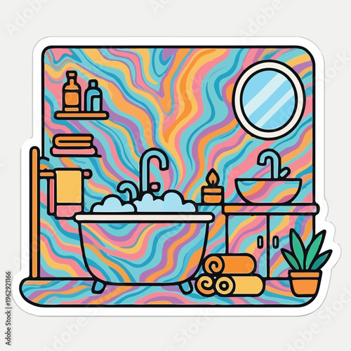 Psychedelic bathroom interior illustration featuring a bathtub full of bubbles and colorful swirling walls