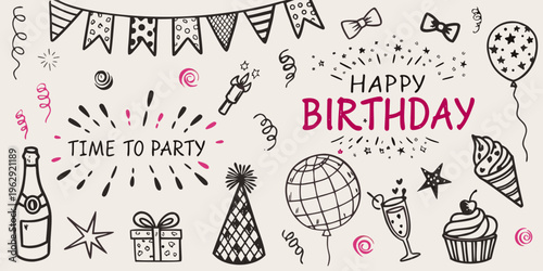 Hand drawn birthday celebration doodles with balloons cake and confetti