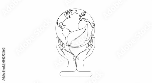 Earth globe supported by hands in a tree stump base line art illustration