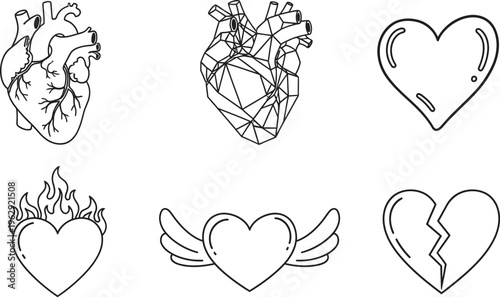 Collection of diverse heart illustrations featuring anatomical geometric and symbolic designs perfect for love health or emotional concepts