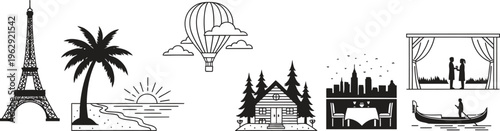 Diverse collection of travel and tourism icons featuring famous landmarks vacation spots and adventure elements rendered in a minimalist flat vector style for global journey concepts