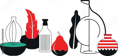 Abstract still life composition featuring minimalist decorative objects and organic shapes rendered in a modern flat vector illustration style isolated on white