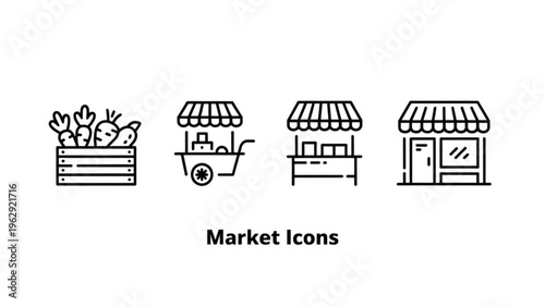 Four stylish icons representing various aspects of a local market and fresh produce shopping experience Vector