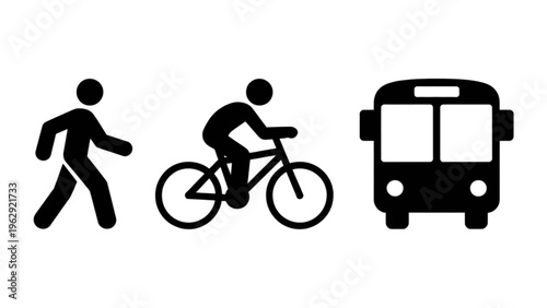 Simple icons depicting walking, cycling, and bus transportation modes for urban commuting options Vector