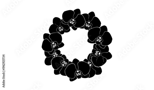 Orchid flower silhouette wreath vector black and white decorative floral arrangement isolated design
