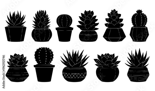 Potted cactus and succulent silhouette vector set black and white minimalist indoor plant collection