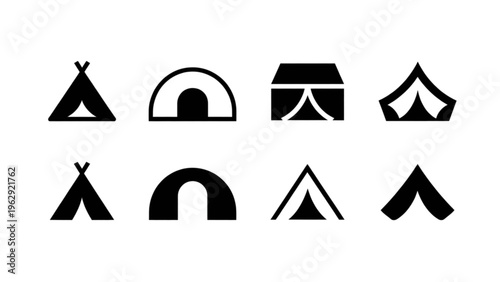 Varied styles of tents and shelters depicted through simple, bold black silhouettes against white space Vector