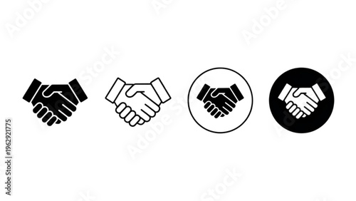 Four distinct handshake icons showcasing variations in design and style for visual communication purposes Vector