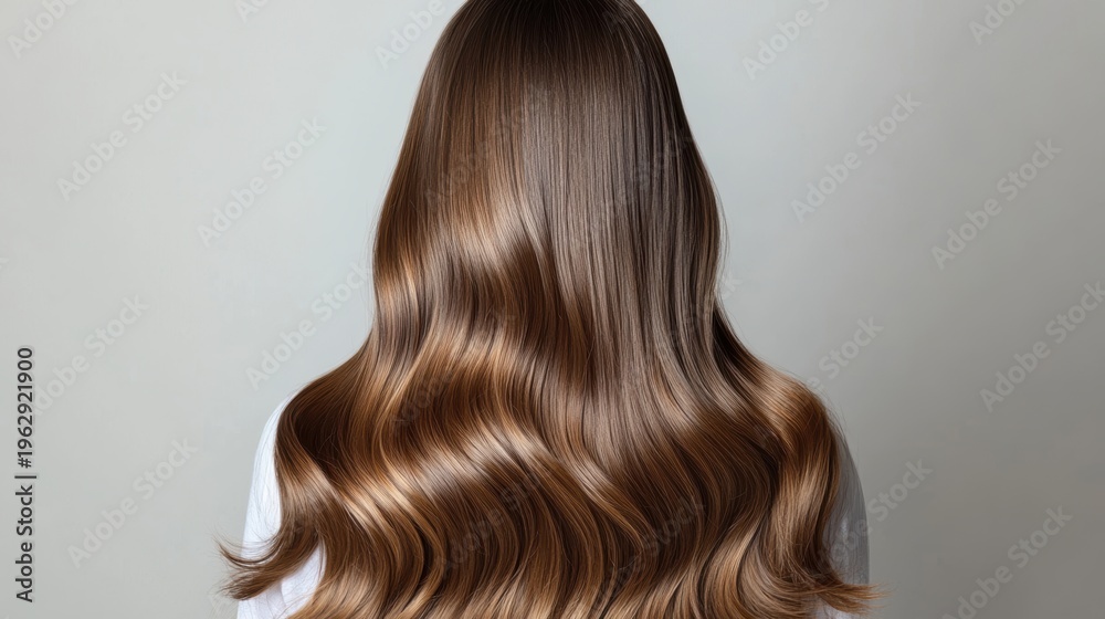 Fototapeta premium Beautiful model girl with Brown hair strand,silky healthy chestnut wavy hair strand,hair wavy ribbon, with smooth,Keratin straightening,Treatment,straight long hair,procedures,Smooth hairstyle.