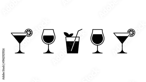 Five stylish black and white icons depicting various drinks and their presentation styles elegantly Vector
