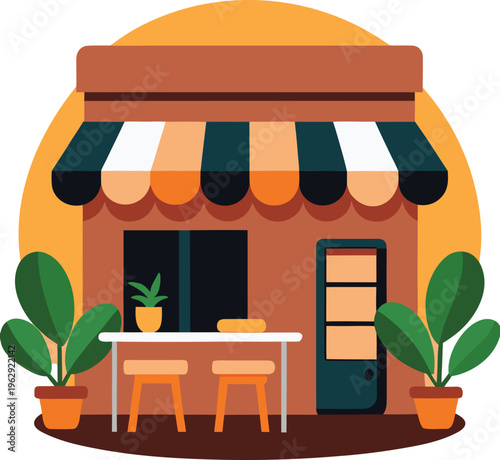 Cozy cafe storefront with outdoor seating and potted plants