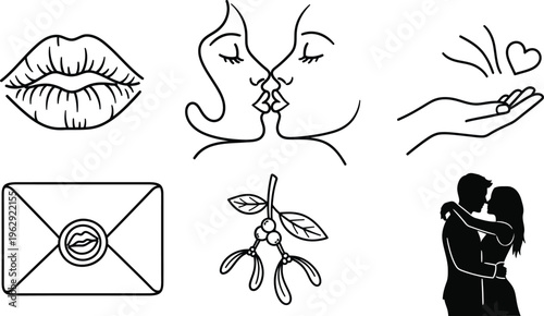 A collection of romantic love and affection icons depicted in a minimalist black and white line art style perfect for Valentines Day relationships and dating concepts