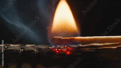 Burning matchstick with a bright flame and smoke on a dark background.