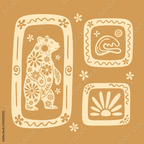 Bear with floral patterns standing still.