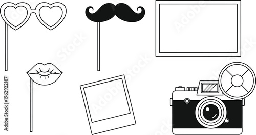 Set of outline photo booth props featuring heart glasses moustache and lips with a vintage camera and various picture frames ideal for party and photography-themed designs