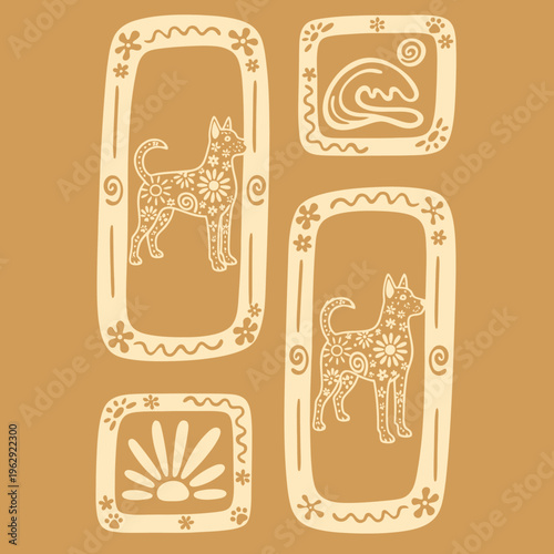 Dogs in decorative frames standing still.