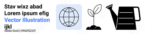 Environmental conservation, sustainability, agriculture, growth, eco lifestyle, climate awareness. Minimalist globe, sprouting plant and a watering can. Environmental conservation and sustainability