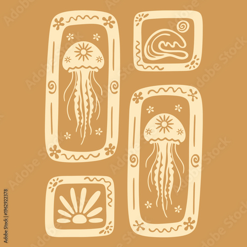 Illustration of jellyfish in frames.