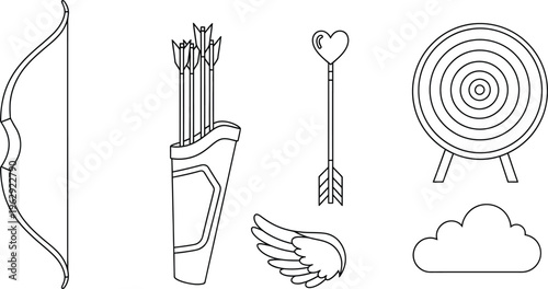 Minimalist line art vector set featuring Cupids bow quiver heart-tipped arrow target and angel wing ideal for Valentines Day romance or dating app design