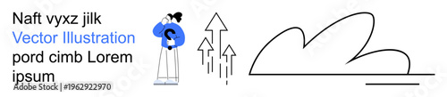 Business strategy, growth potential, creative innovation, market analysis, futuristic planning, abstract design. Person thinking with arrows rising and abstract line art. Business strategy and growth