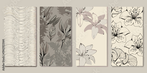 A series of botanical illustrations presented as rectangular wall art panels