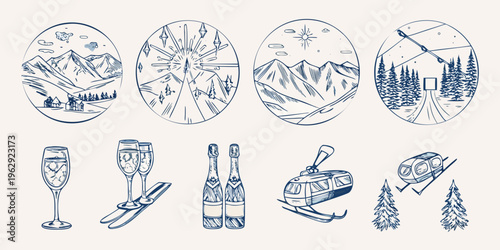 Sketch illustrations of winter scenes champagne and ski equipment