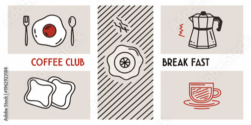 A collection of breakfast and coffee themed illustrations in boxes