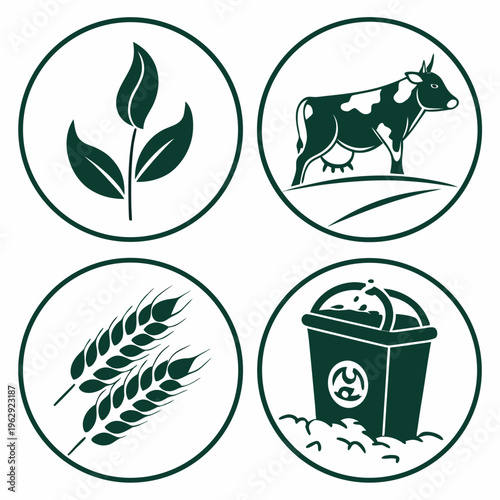 Eco friendly icons with leaf, cow, wheat and compost bin