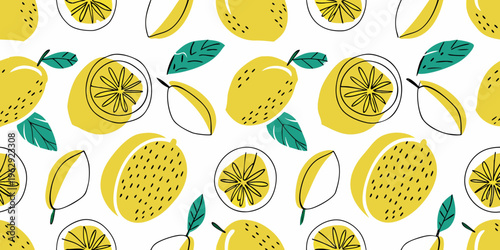 Seamless pattern of bright yellow lemons and green leaves on white