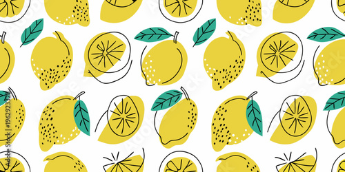 A seamless pattern of stylized yellow mangoes and green leaves