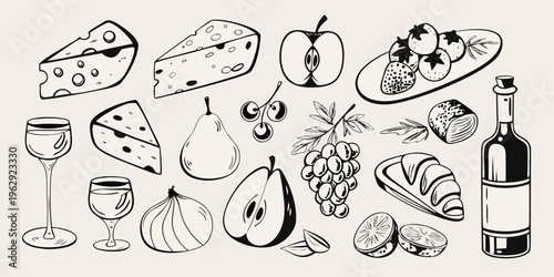 A charming black and white illustration of various fruits cheeses and wine