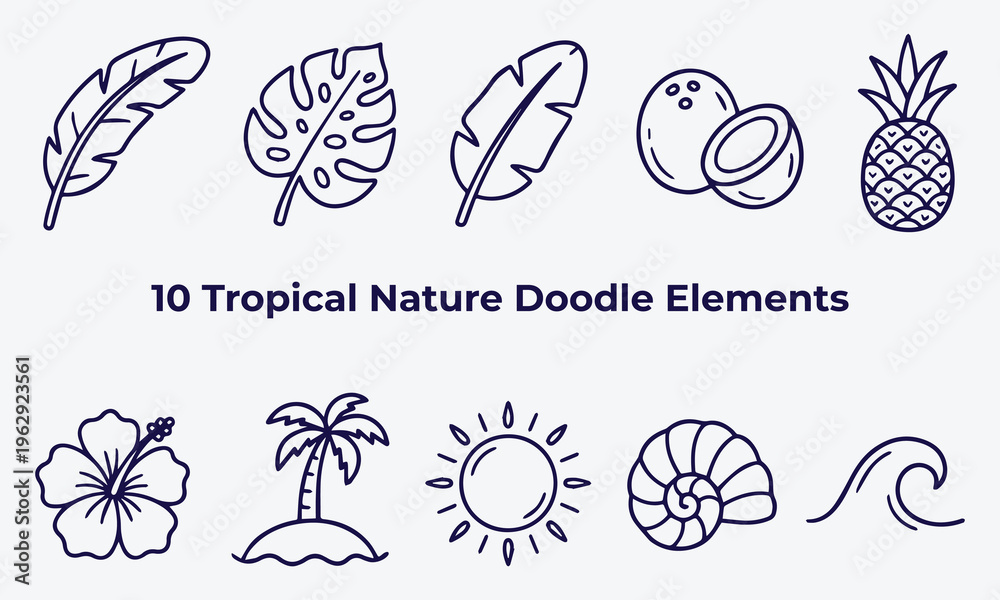 Fototapeta premium Tropical nature doodle elements collection featuring palm leaves coconut pineapple hibiscus flower palm tree island sun sea shell and ocean wave icons isolated on white background for web.