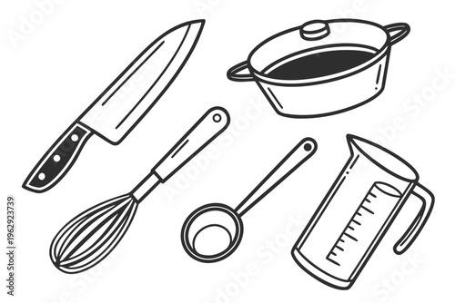 Kitchen utensils and tools for cooking and preparing food
