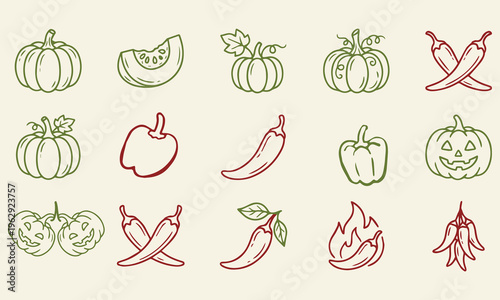 Autumn harvest vegetables collection with various pumpkins, jack-o-lanterns, bell peppers, chili peppers, and hot peppers in green and red colors.
