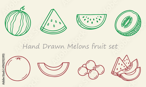 Photos Hand drawn melons fruit set sweet refreshing and juicy fruits isolated on white background ideal for summer themes and healthy eating concepts