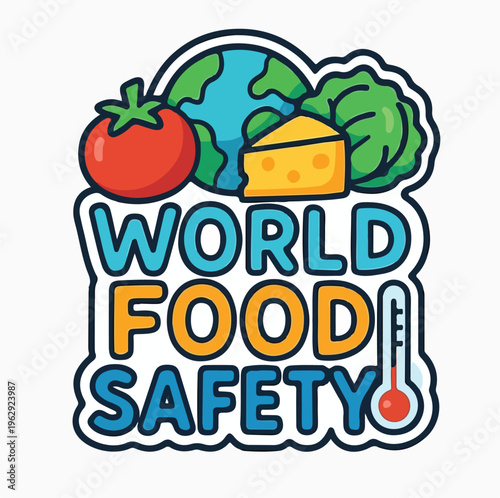 Colorful illustration promoting awareness for world food safety featuring fresh produce a globe and temperature monitoring