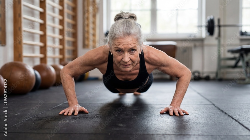 Fototapeta premium Strong senior woman doing push-ups on gym floor.