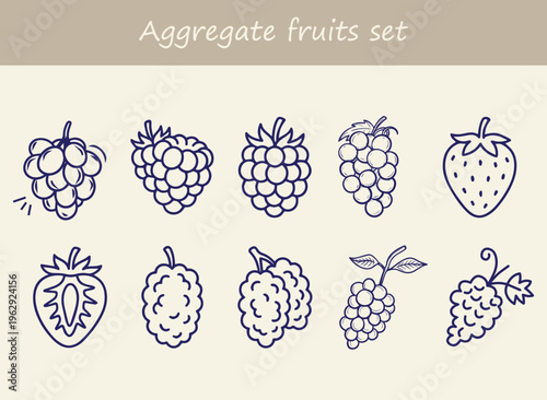 Set of ten hand-drawn aggregate fruit illustrations features various berries such as raspberries strawberries blackberries and grapes in a clean sketch style.