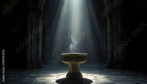 Ancient Stone Baptismal Font in Dark Church, Spotlight